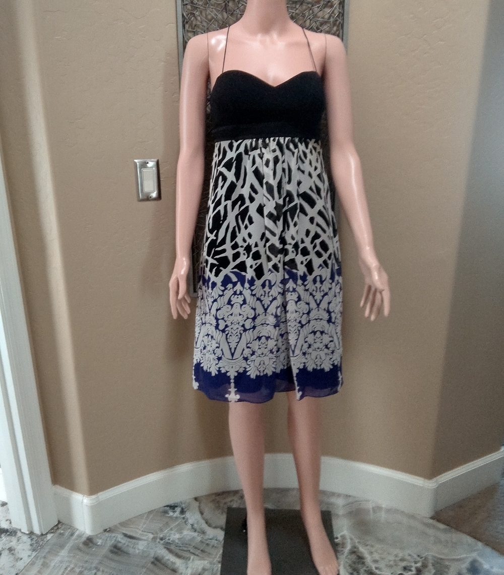 Democracy Silk Black and White design with Blue Hem Thin Strap Printed Sundress